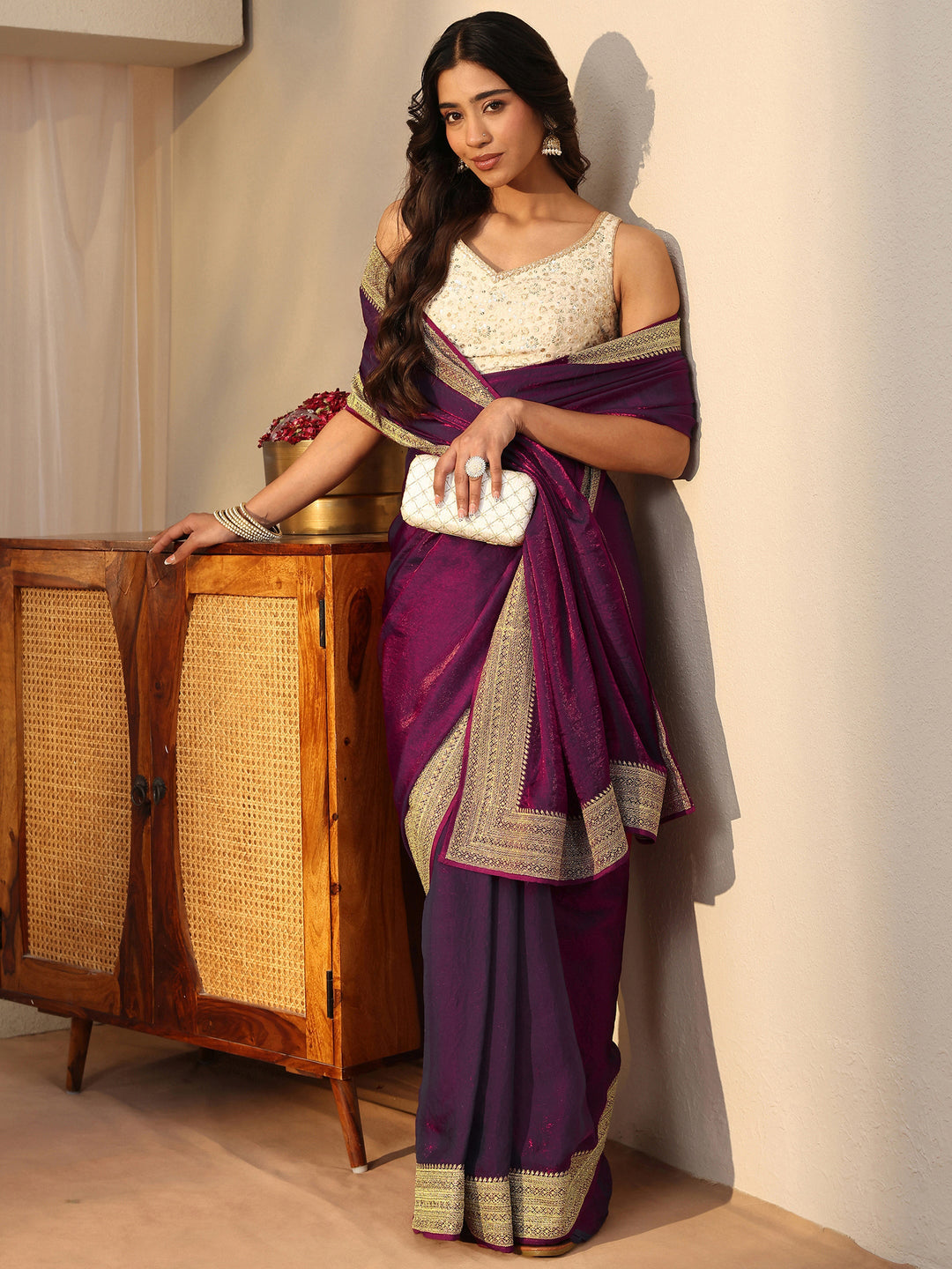 Burgundy Solid Glossy Tissue Saree