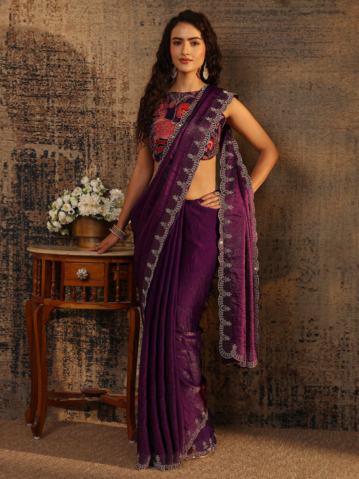 Burgundy Solid Satin Saree With Unstitched Blouse Piece