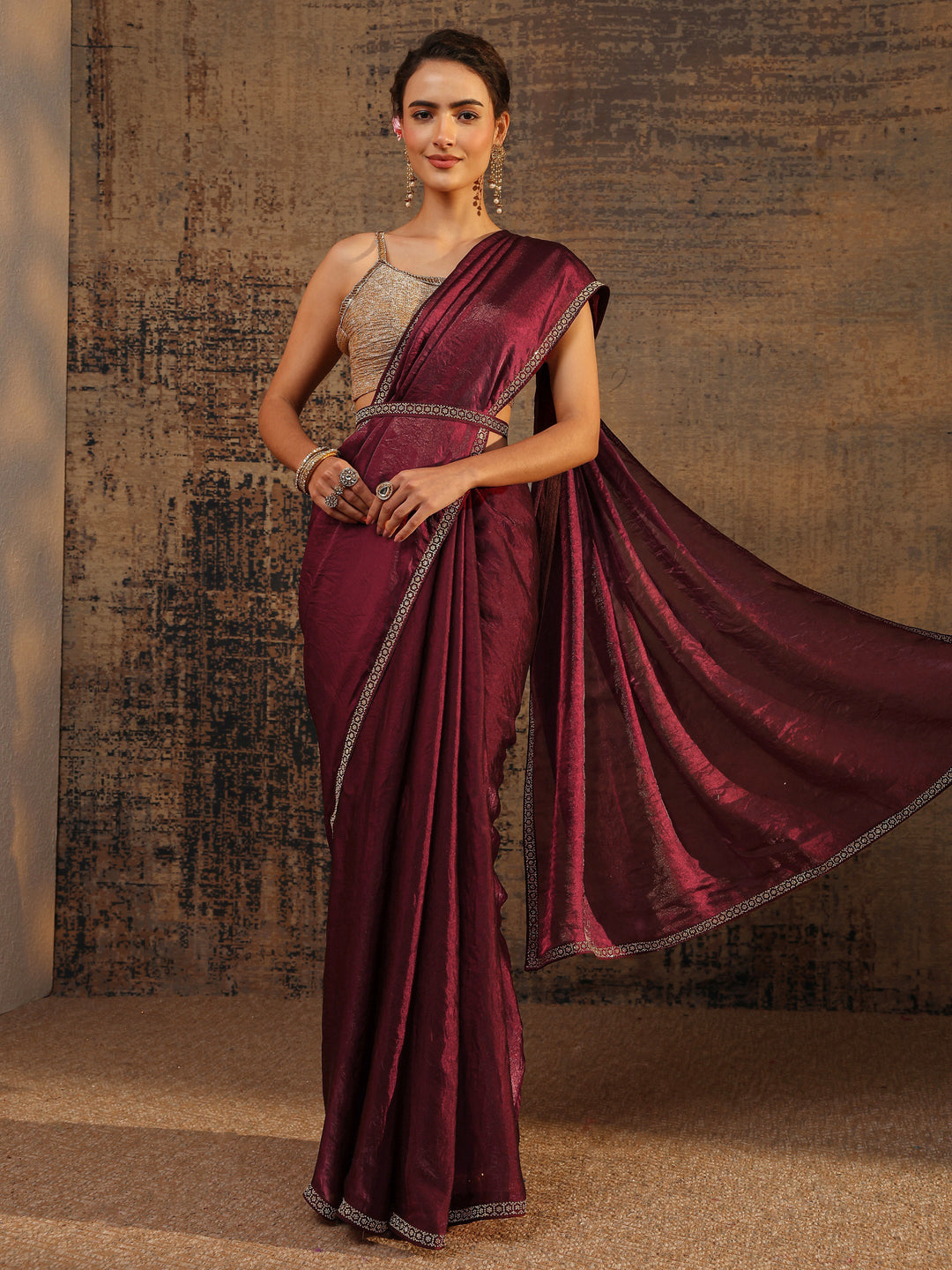 Burgundy Solid Satin Saree With Unstitched Blouse Piece