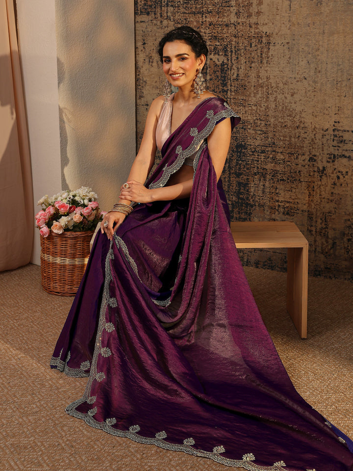 Burgundy Solid Satin Saree With Unstitched Blouse Piece