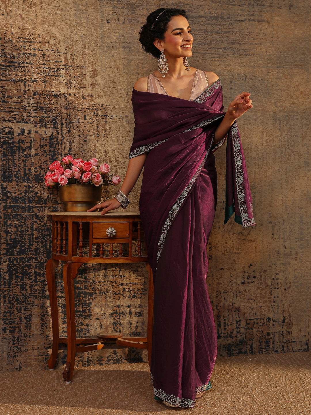 Burgundy Solid Satin Saree With Unstitched Blouse Piece