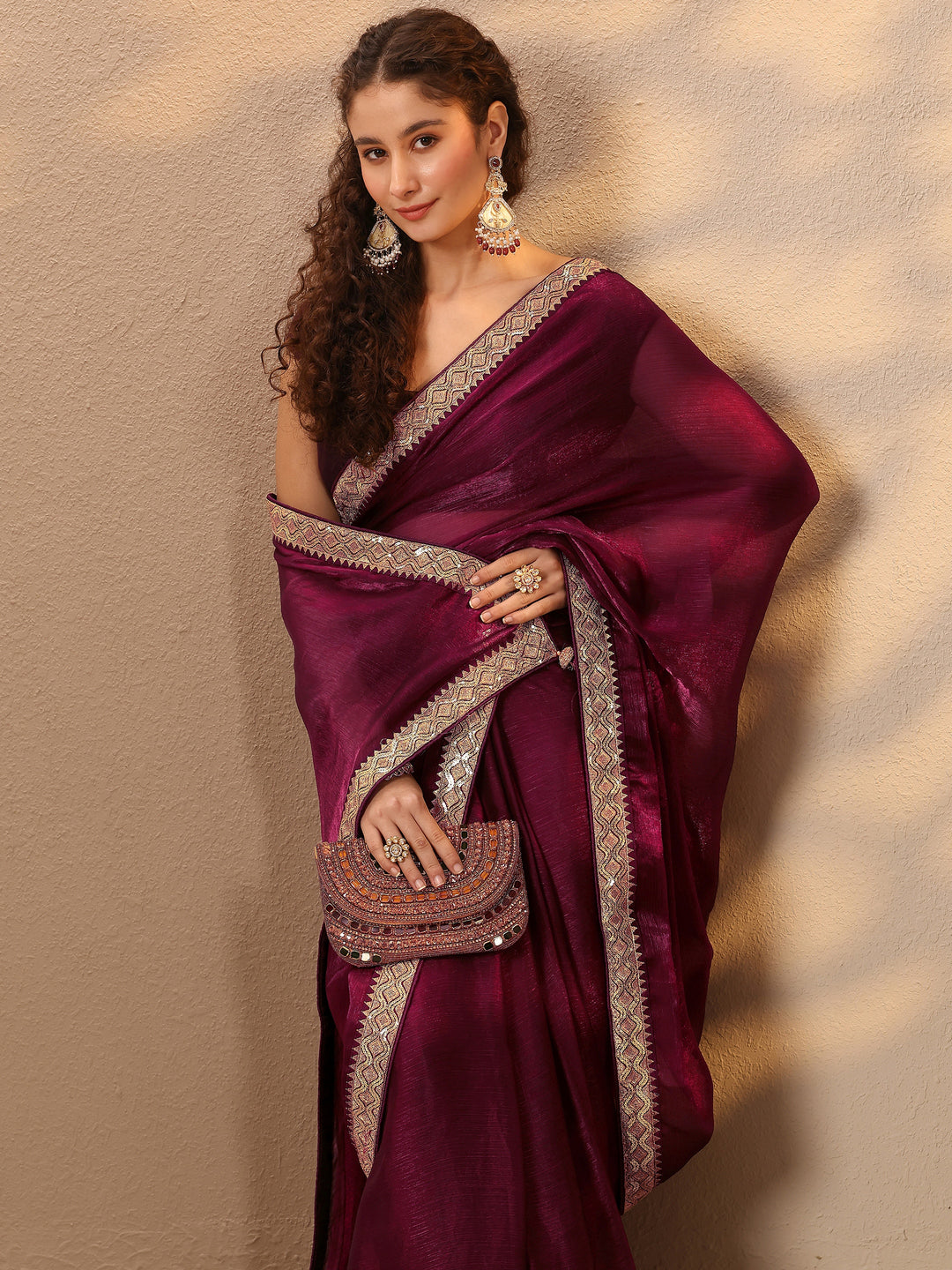 Burgundy Solid Silk Blend Saree With Unstitched Blouse Piece