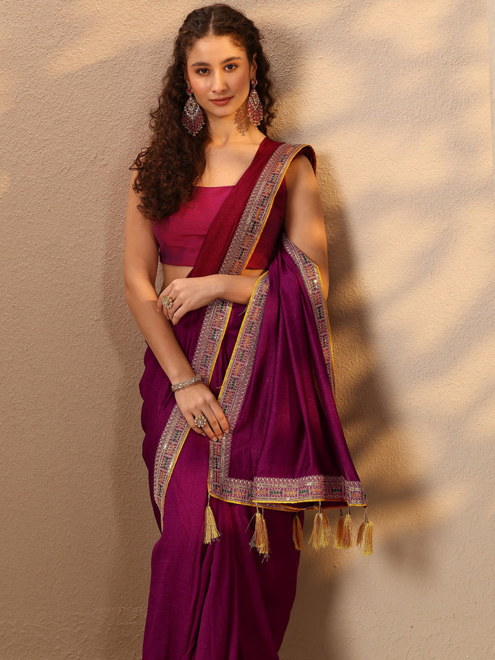 Burgundy Solid Silk Blend Saree With Unstitched Blouse Piece