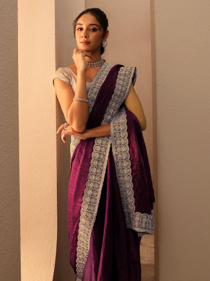 Libas Burgundy Solid Tissue Saree