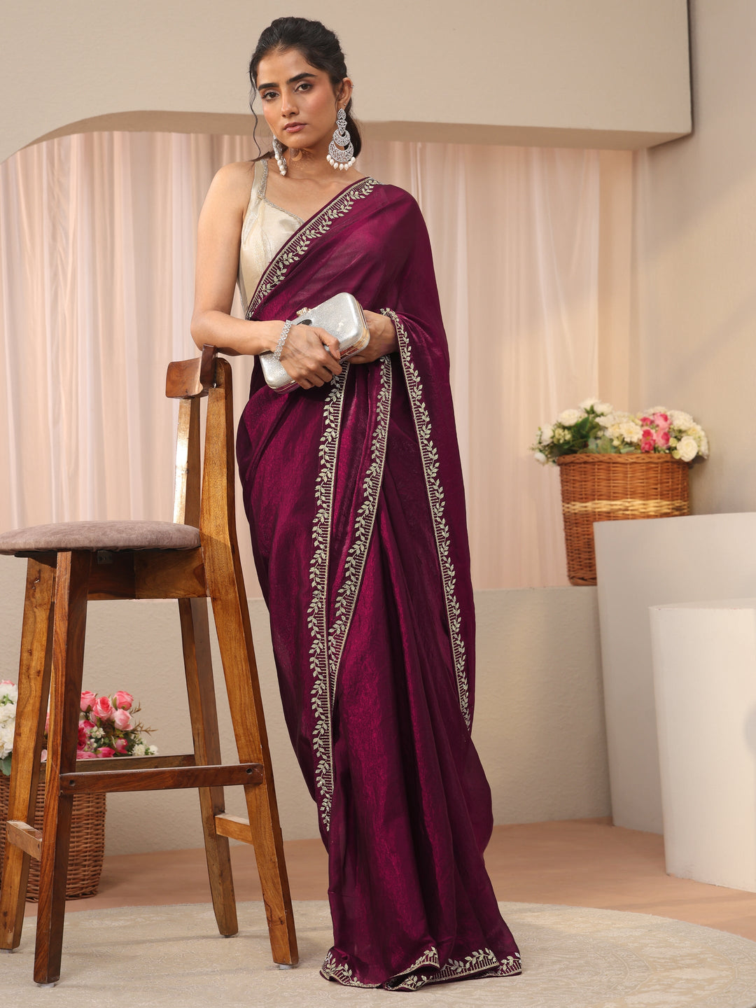 Burgundy Solid Tissue Saree