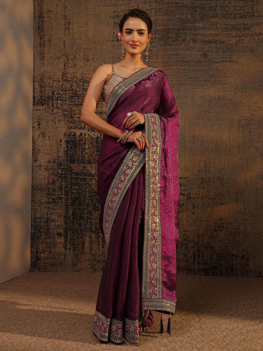 Burgundy Solid Tissue Saree With Unstitched Blouse Piece