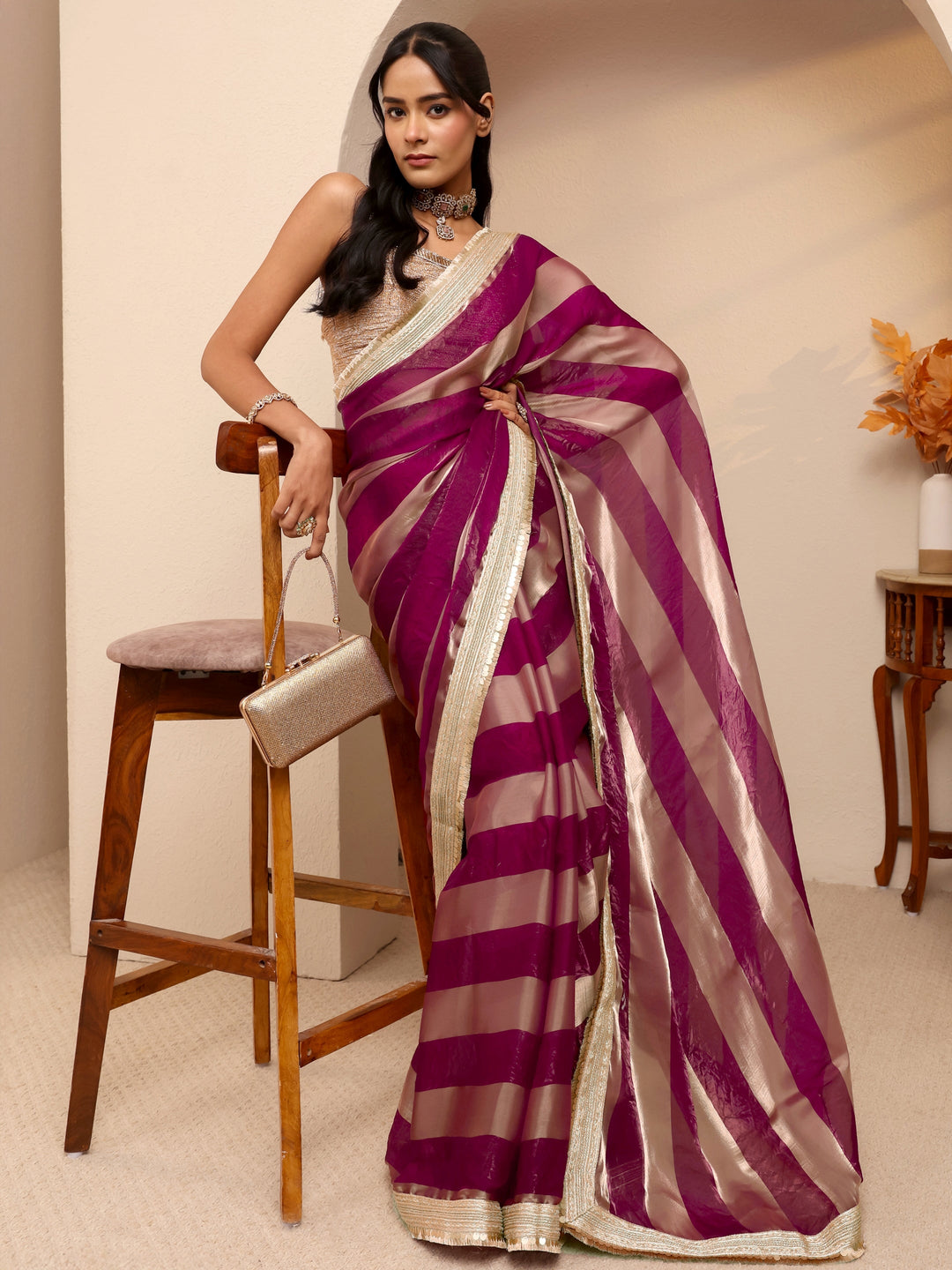 Burgundy Striped Textured Tissue Saree