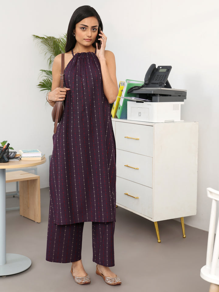 Burgundy Striped Woven Design Cotton Blend A-Line Kurta Set