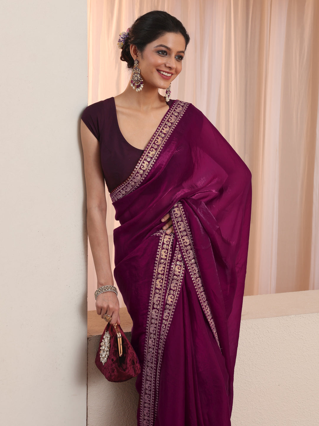 Burgundy Tissue Saree With Embellished Border