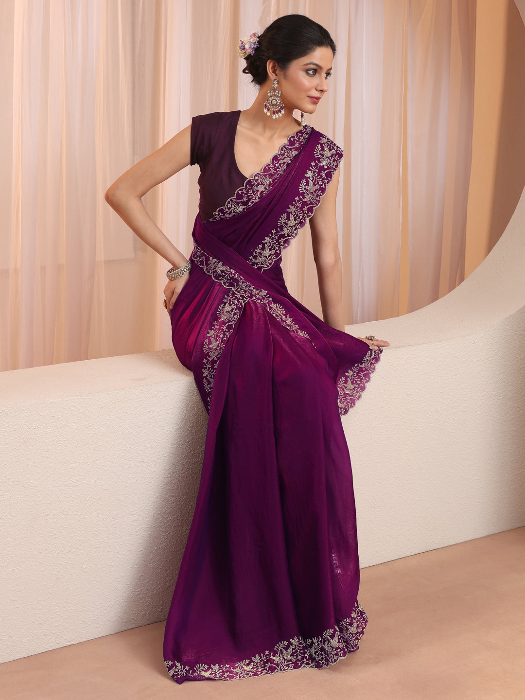 Burgundy Tissue Saree With Embroidered Border