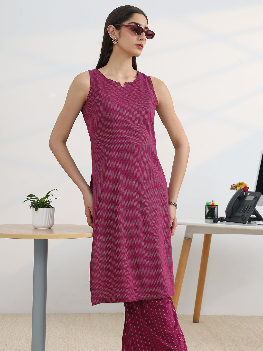 Burgundy Woven Design Cotton Blend Straight Kurta Set