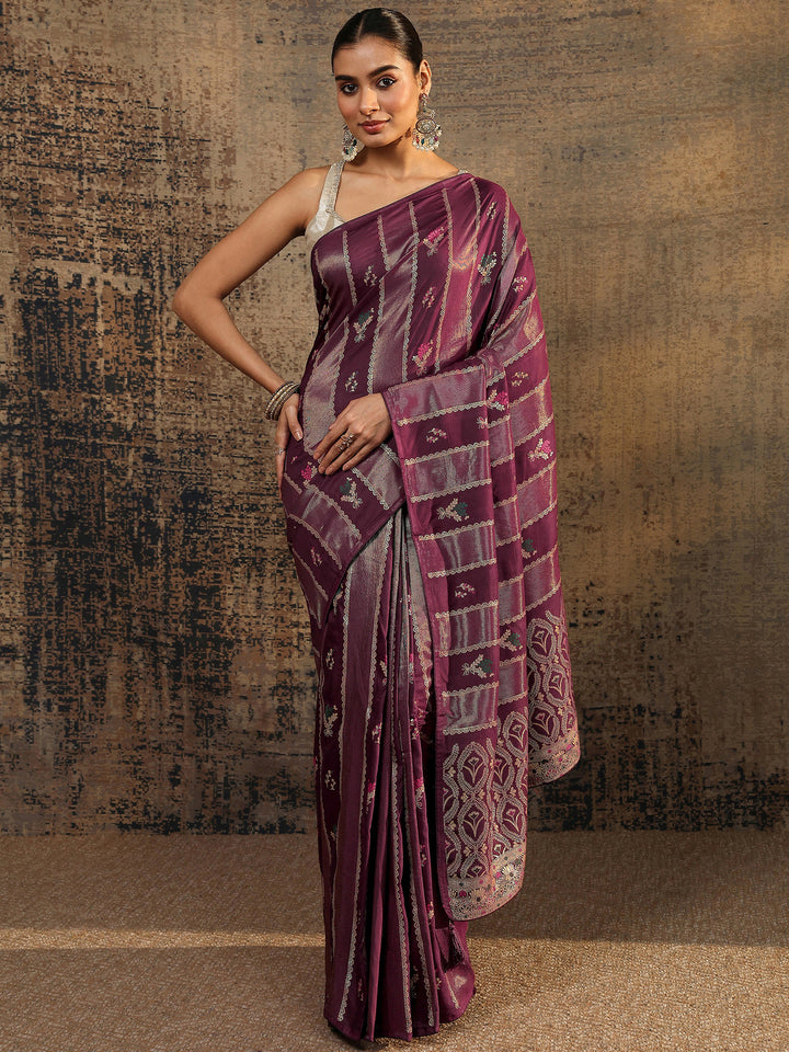 Burgundy Woven Design Silk Blend Saree With Unstitched Blouse Piece