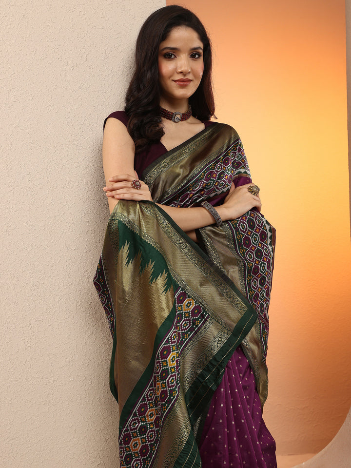 Burgundy Woven Design Silk Blend Saree With Unstitched Blouse Piece