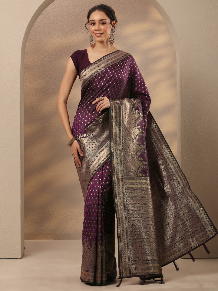 Burgundy Woven Design Silk Blend Saree With Unstitched Blouse Piece
