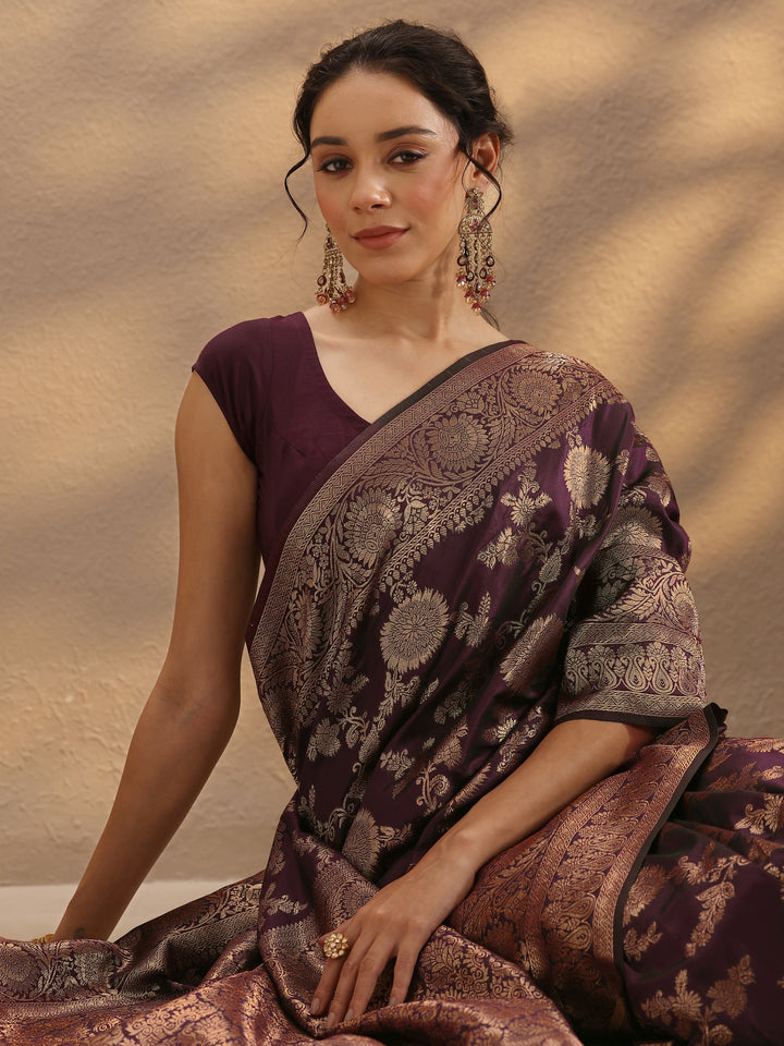 Burgundy Woven Design Silk Blend Saree With Unstitched Blouse Piece