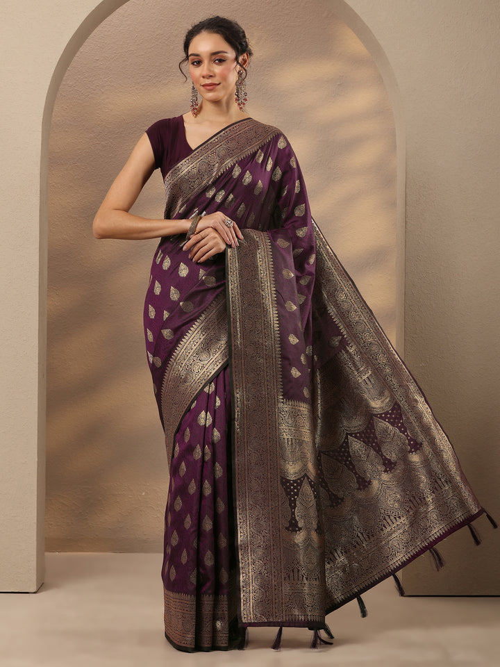 Burgundy Woven Design Silk Blend Saree With Unstitched Blouse Piece