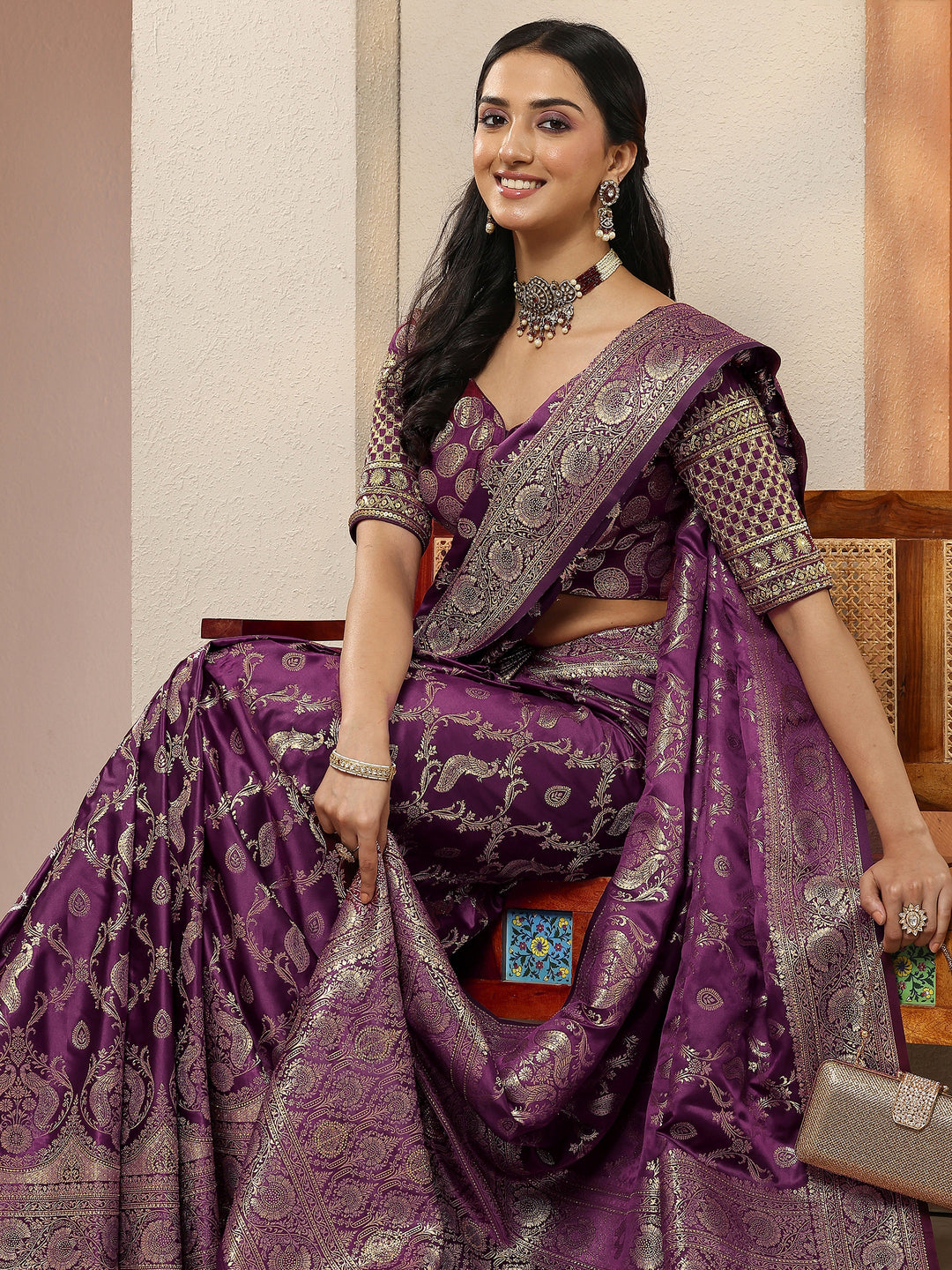 Burgundy Woven Design Silk Blend Sarees With Unstitched Blouse Piece