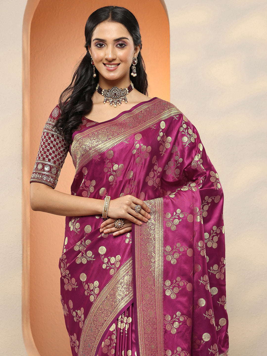 Burgundy Woven Design Silk Blend Sarees With Unstitched Blouse Piece