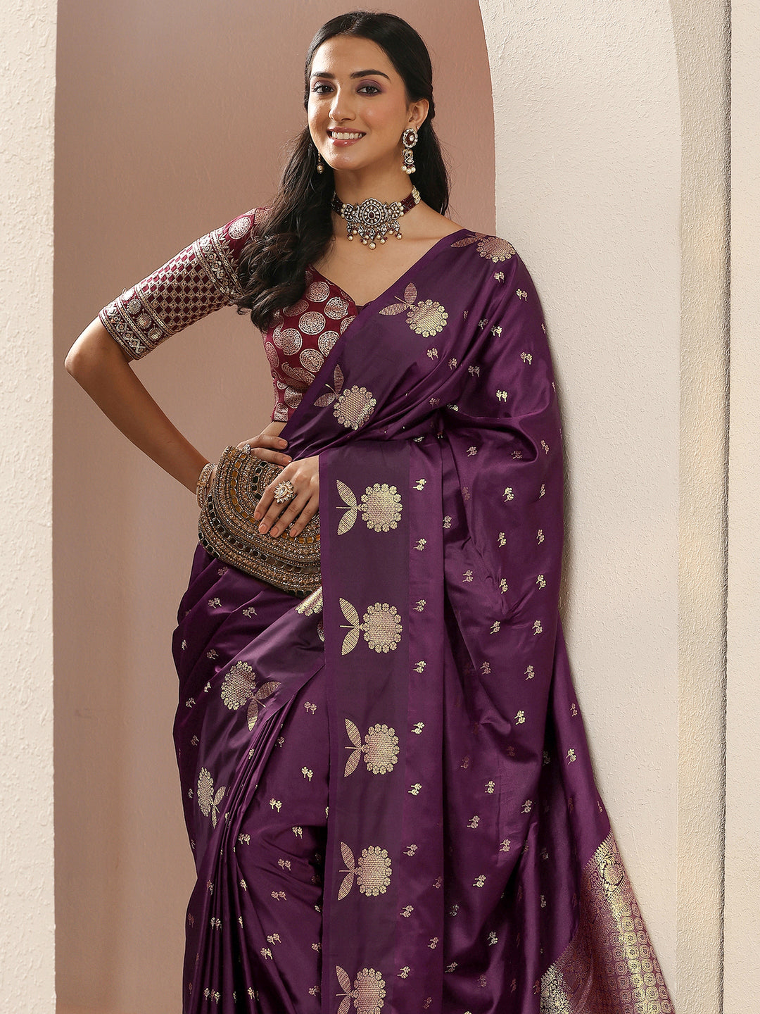 Burgundy Woven Design Silk Blend Sarees With Unstitched Blouse Piece