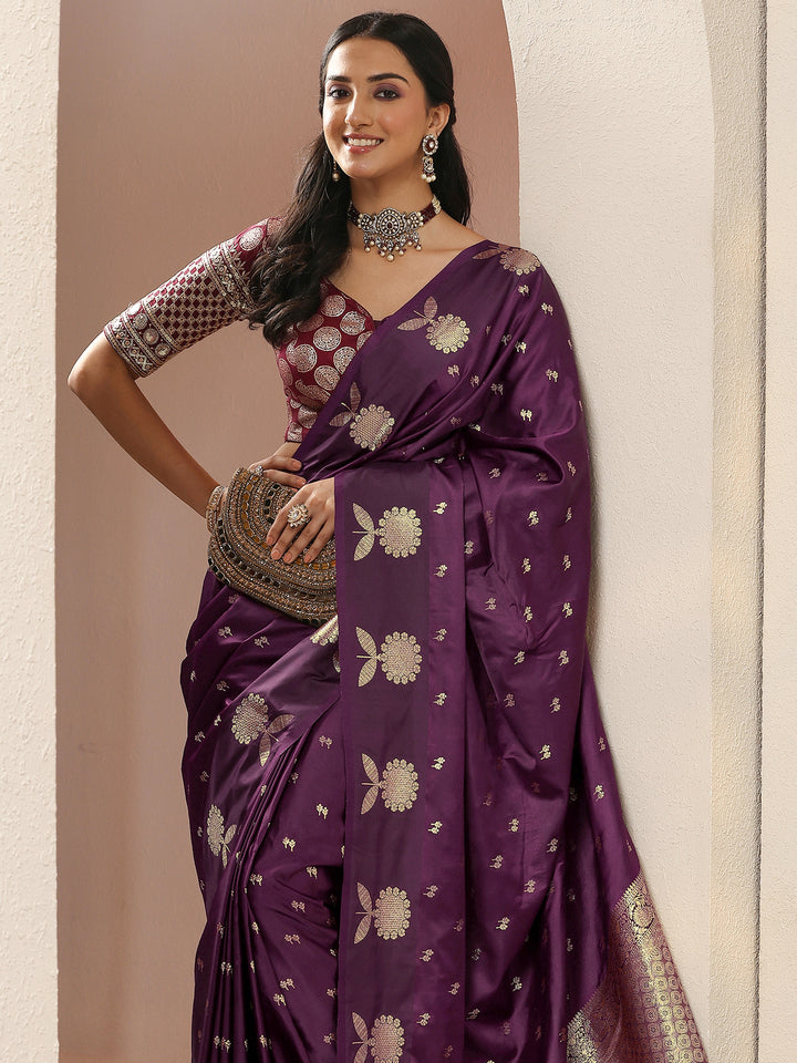 Burgundy Woven Design Silk Blend Sarees With Unstitched Blouse Piece