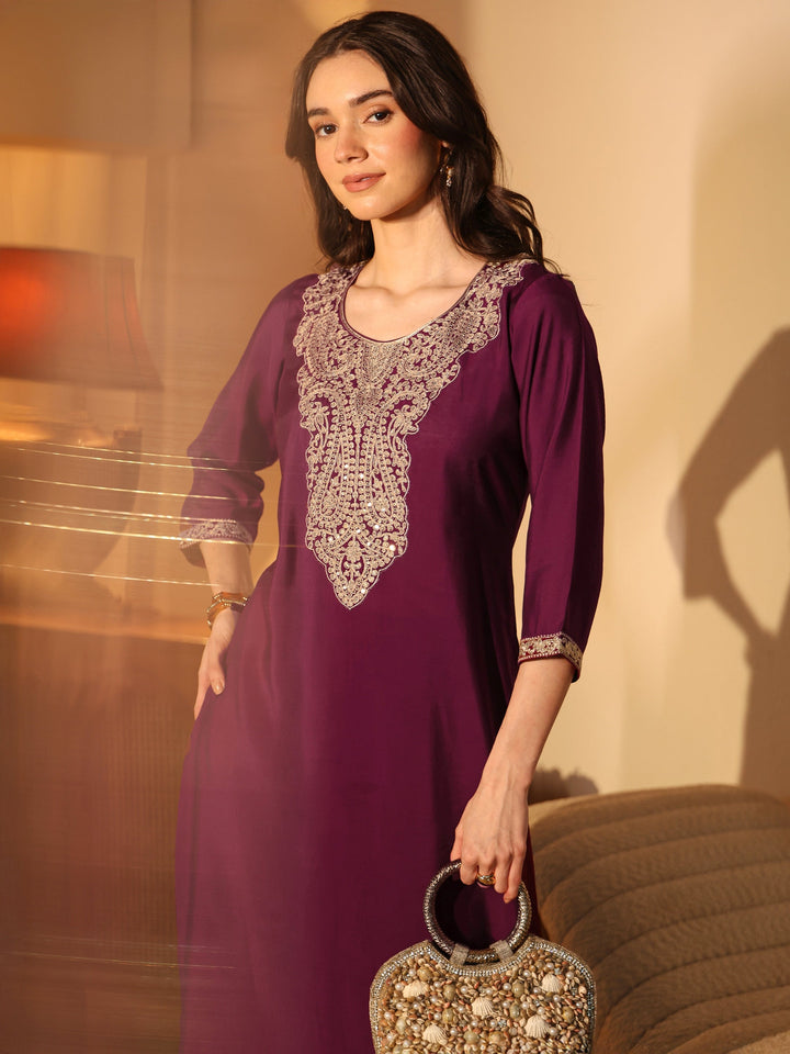 Burgundy Yoke Design Silk Blend Straight Kurta Set