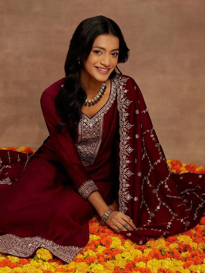 Burgundy Yoke Design Silk Blend Straight Suit With Dupatta