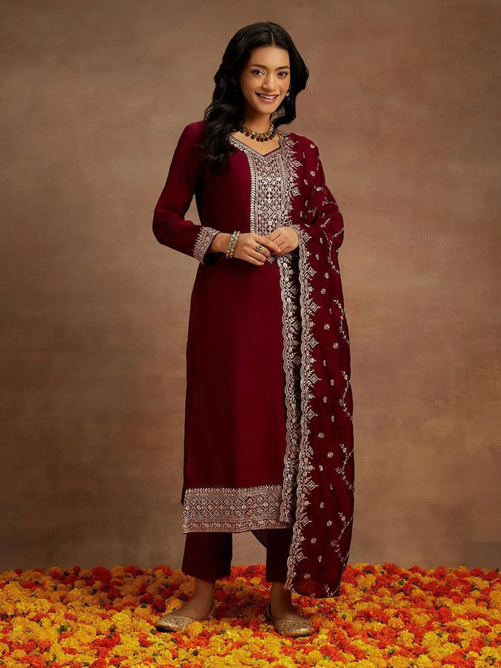 Burgundy Yoke Design Silk Blend Straight Suit With Dupatta