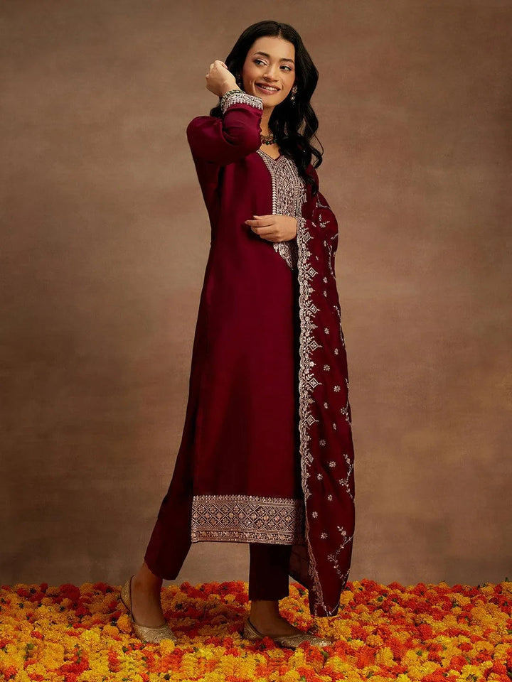 Burgundy Yoke Design Silk Blend Straight Suit With Dupatta