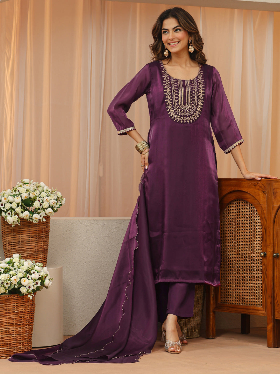 Burgundy Yoke Design Tissue Straight Suit Set
