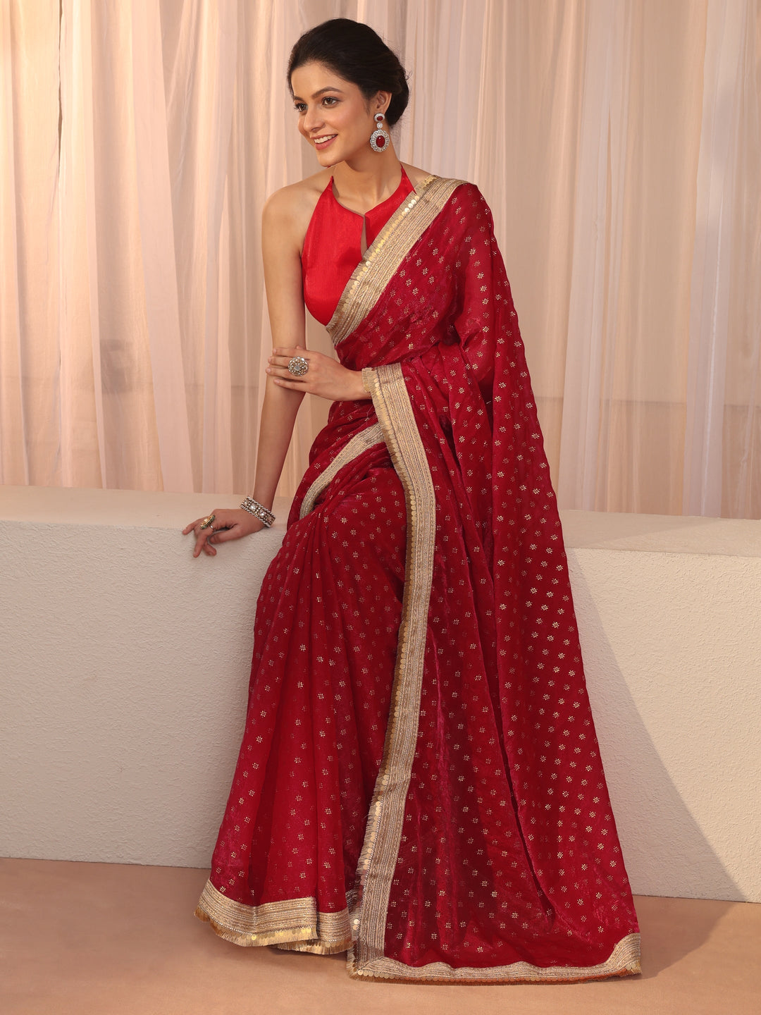 Carnelian Red Foil Printed Tissue Saree