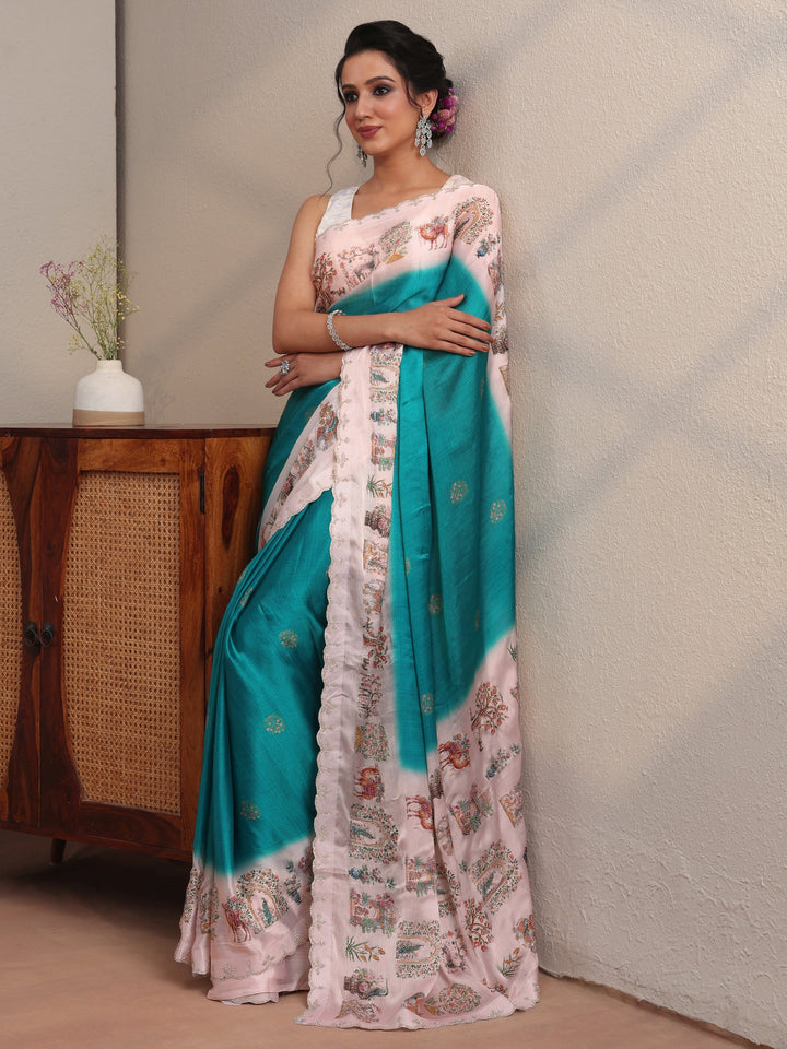 Cerulean Blue Chiffon Saree Wth Printed Border