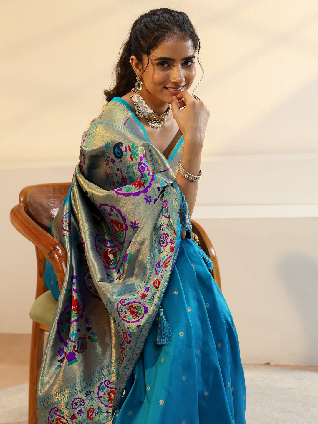 Cerulean Blue Silk Blend Paithani Saree