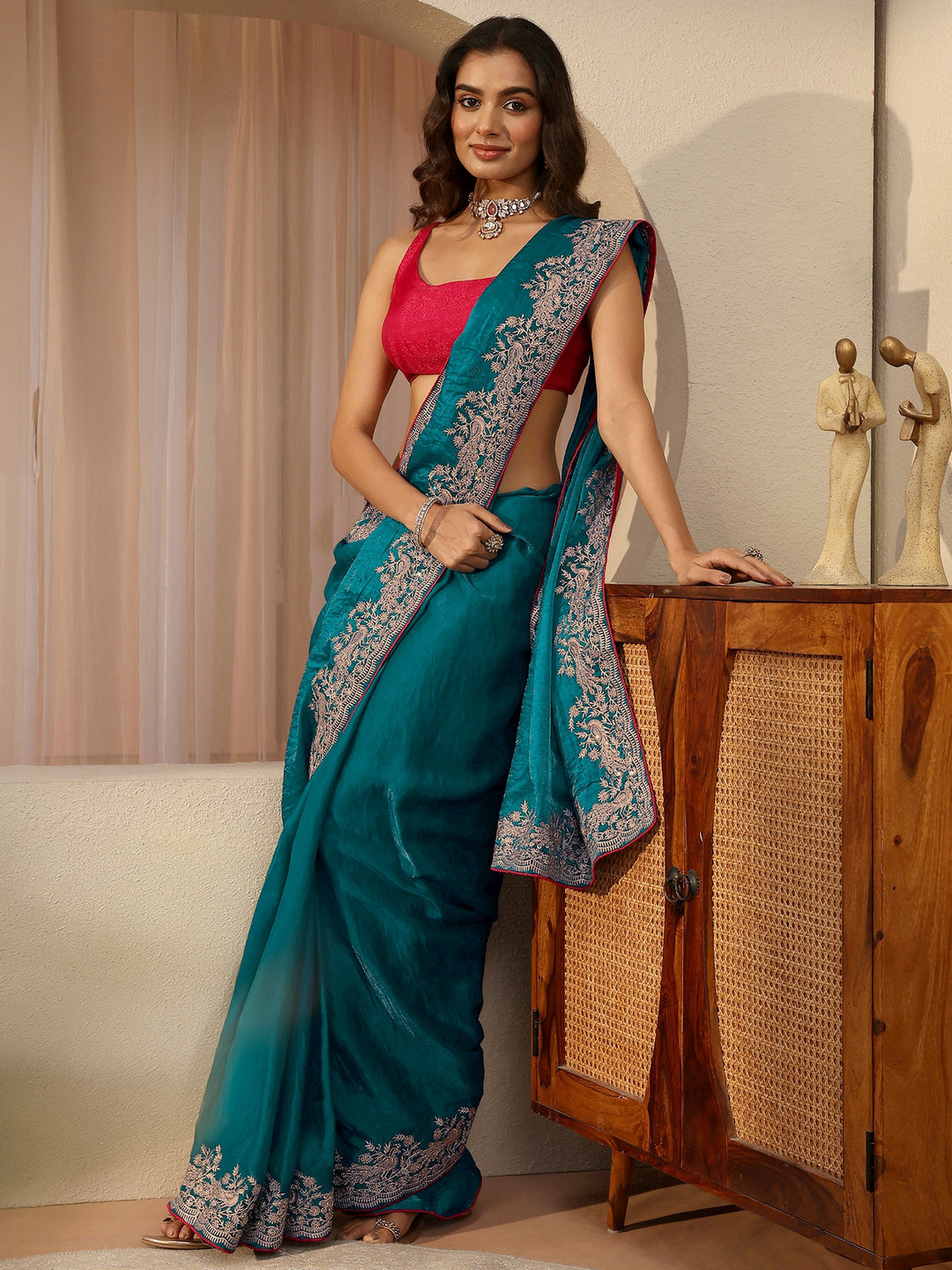 Cerulean Blue Tissue Saree With Embellished Border