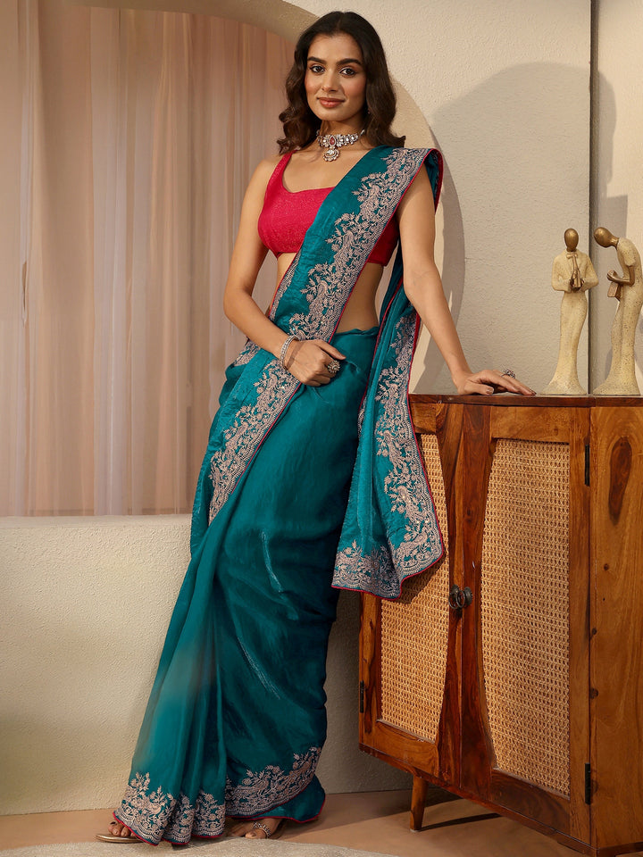 Cerulean Blue Tissue Saree With Embellished Border
