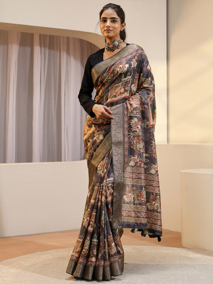 Charcoal Black Maharaja Print Silk Blend Saree