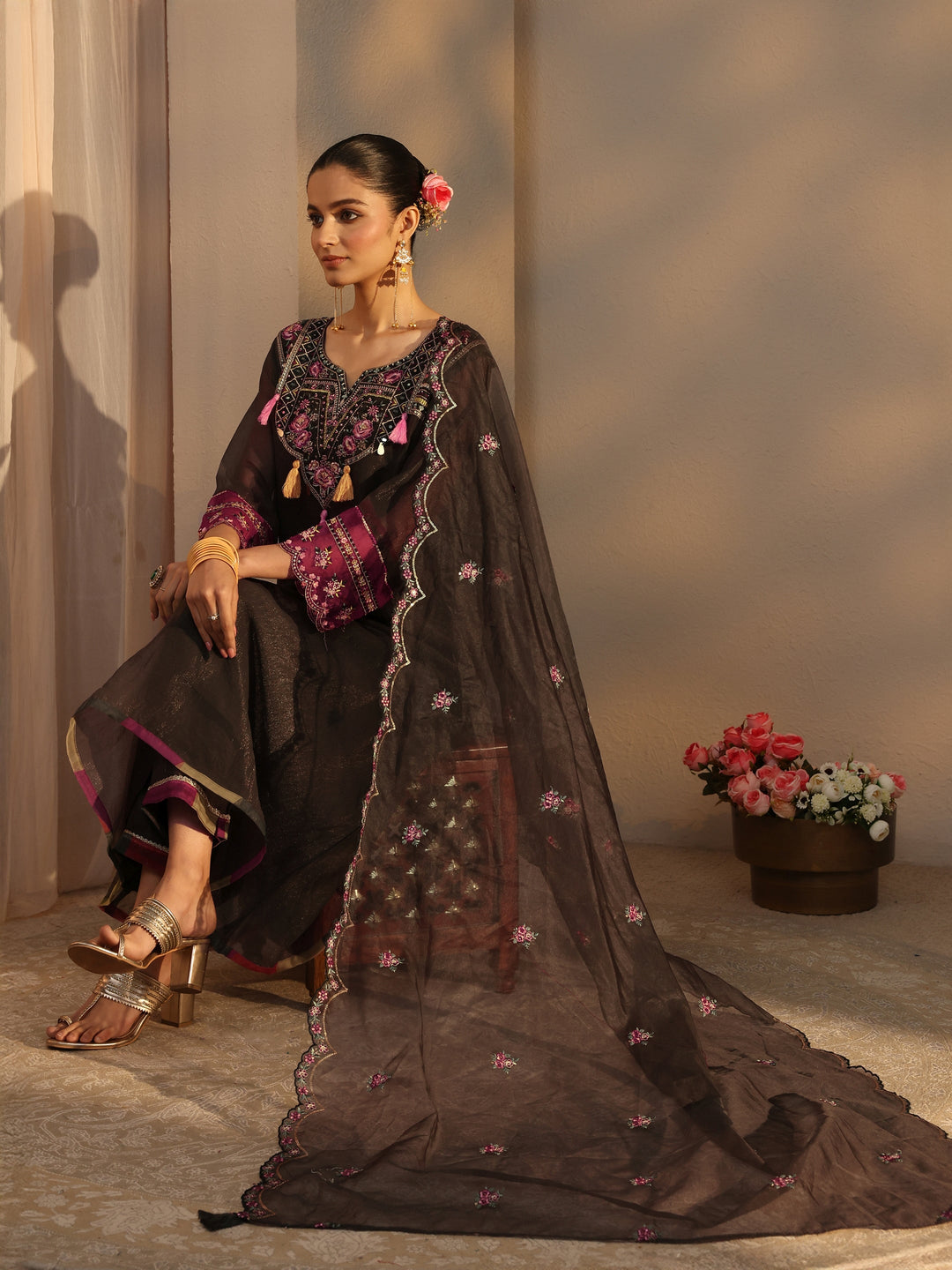 Charcoal Ethnic Embroidered Organza A-Line Suits Set With Dupatta