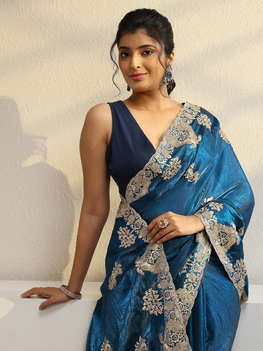 Cobalt Blue Peacock Embroidered Tissue Saree