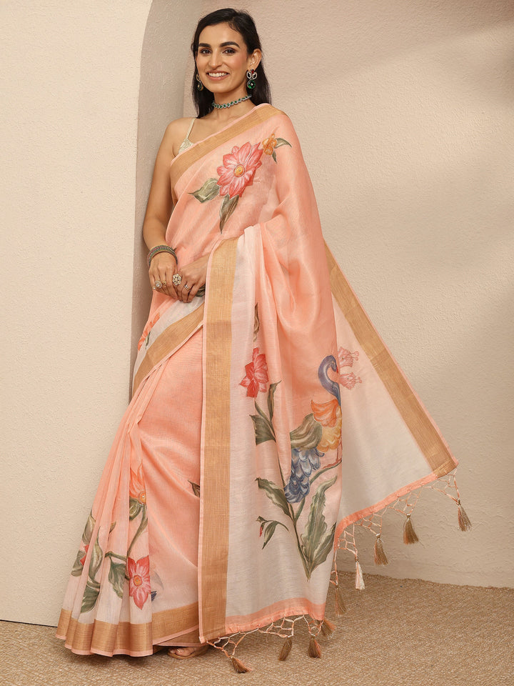Coral Embellished Silk Blend Saree With Unstitched Blouse Piece