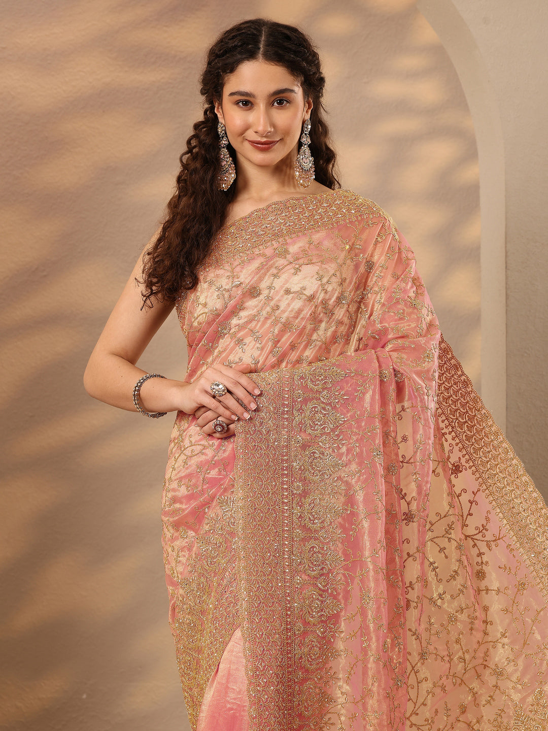 Coral Embroidered Nylon Saree With Unstitched Blouse Piece