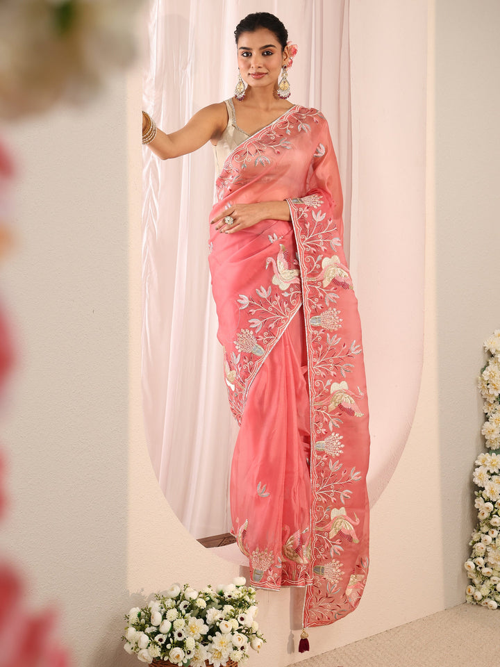 Coral Floral Embroidered Organza Saree With Unstitched Blouse Piece