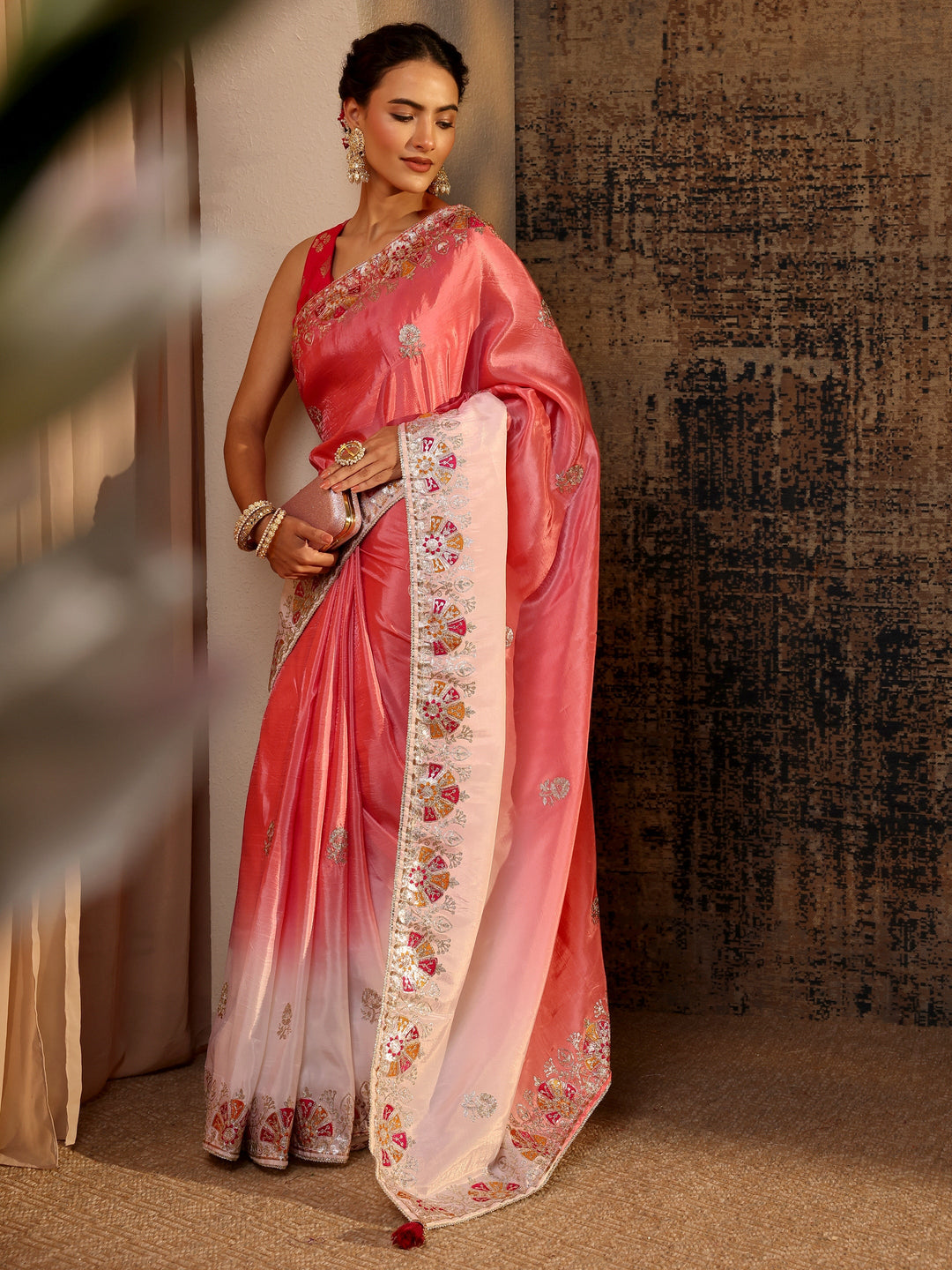 Coral Floral Embroidered Tissue Saree With Unstitched Blouse Piece