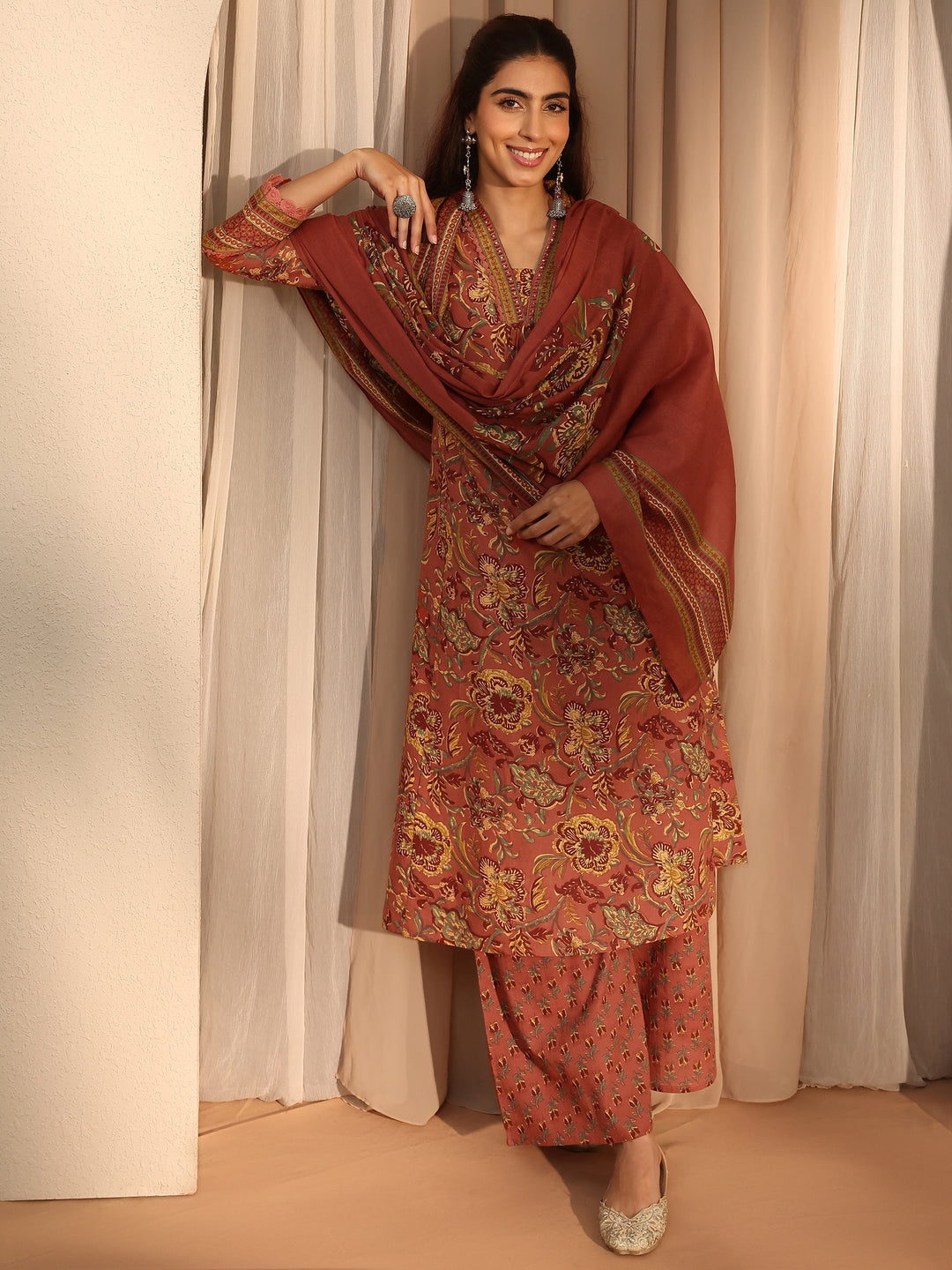 Coral Floral Printed Cotton Blend A-Line Suit Set With Dupatta