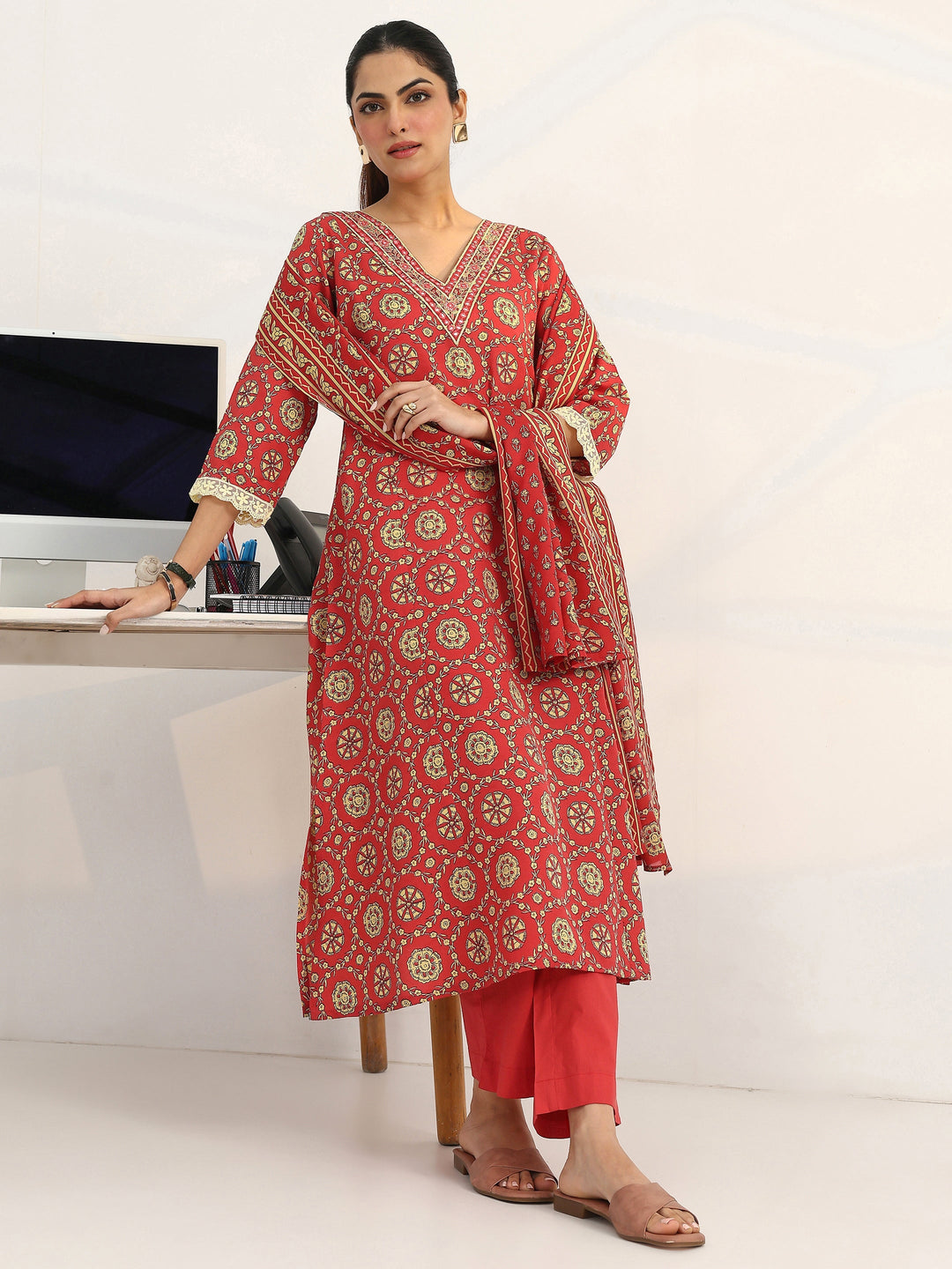 Coral Floral Printed Cotton Blend A-Line Suit Set With Dupatta