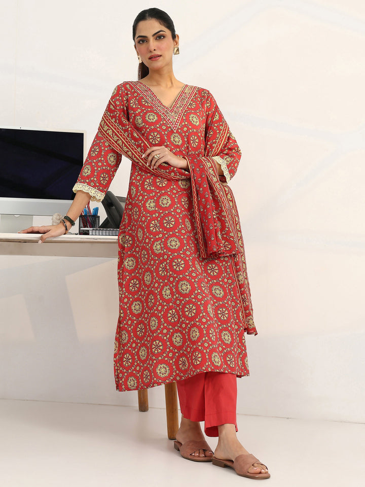 Coral Floral Printed Cotton Blend A-Line Suit Set With Dupatta