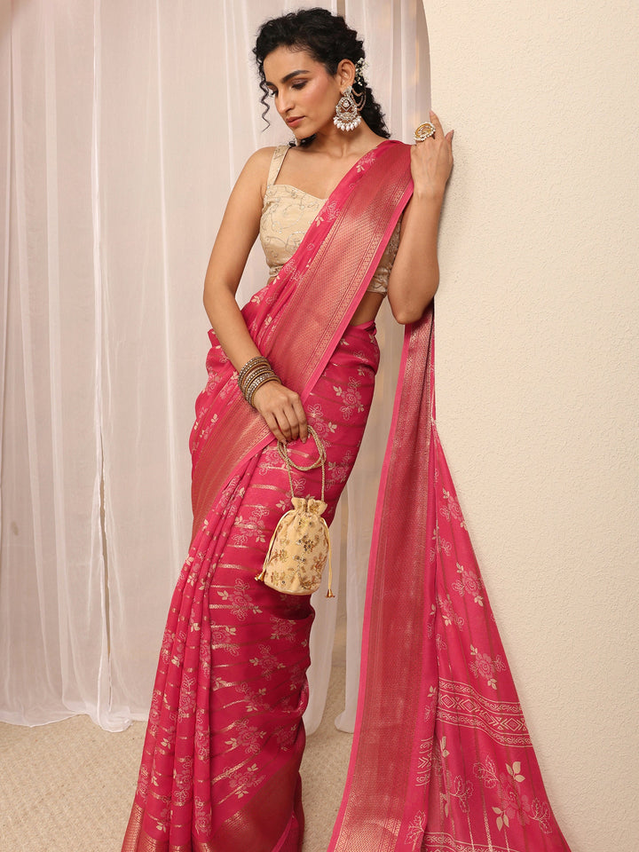 Coral Floral Printed Silk Blend Saree With Unstitched Blouse Piece