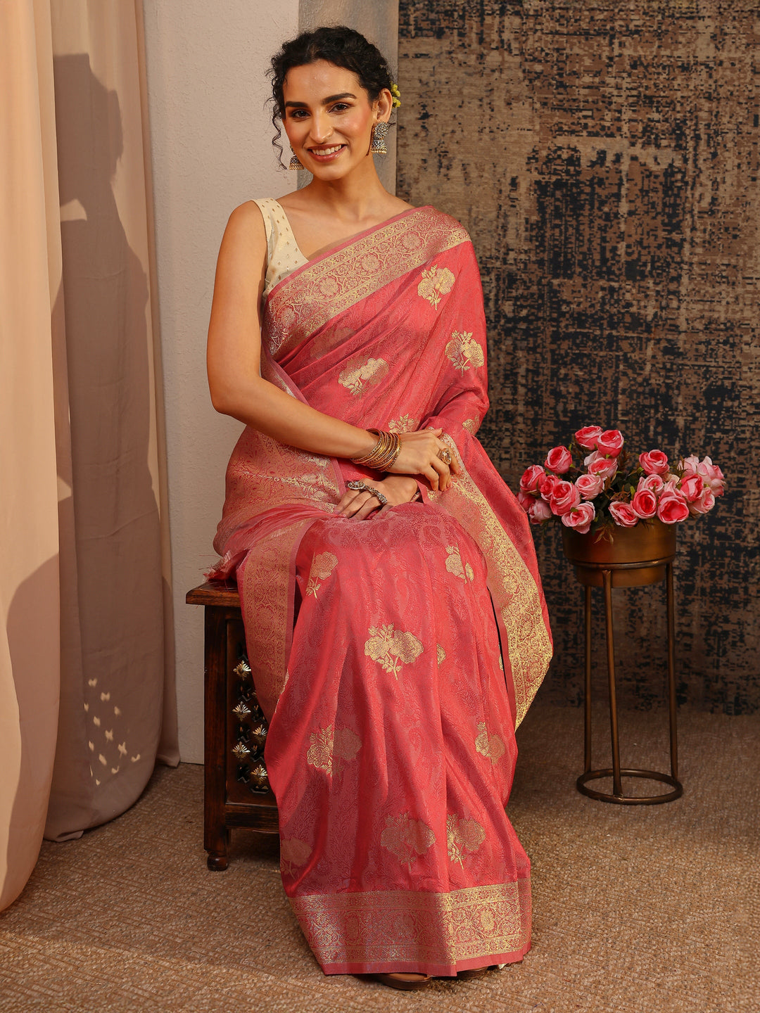 Coral Floral Woven Design Silk Blend Saree With Unstitched Blouse Piece
