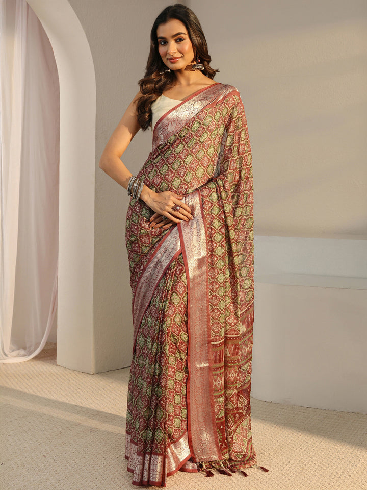 Coral Printed Chiffon Saree With Unstitched Blouse Piece