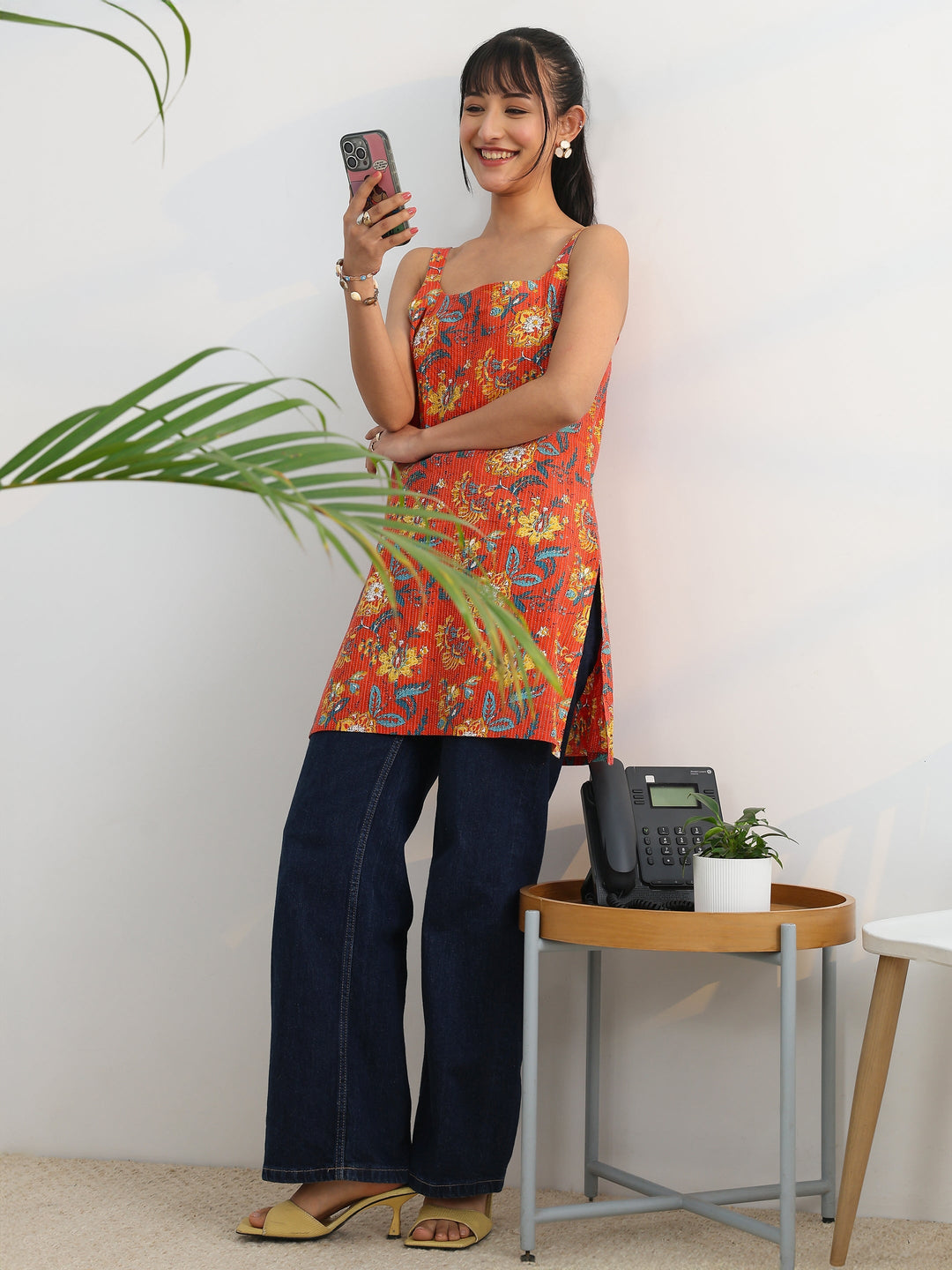 Coral Printed Cotton Straight Short Kurti