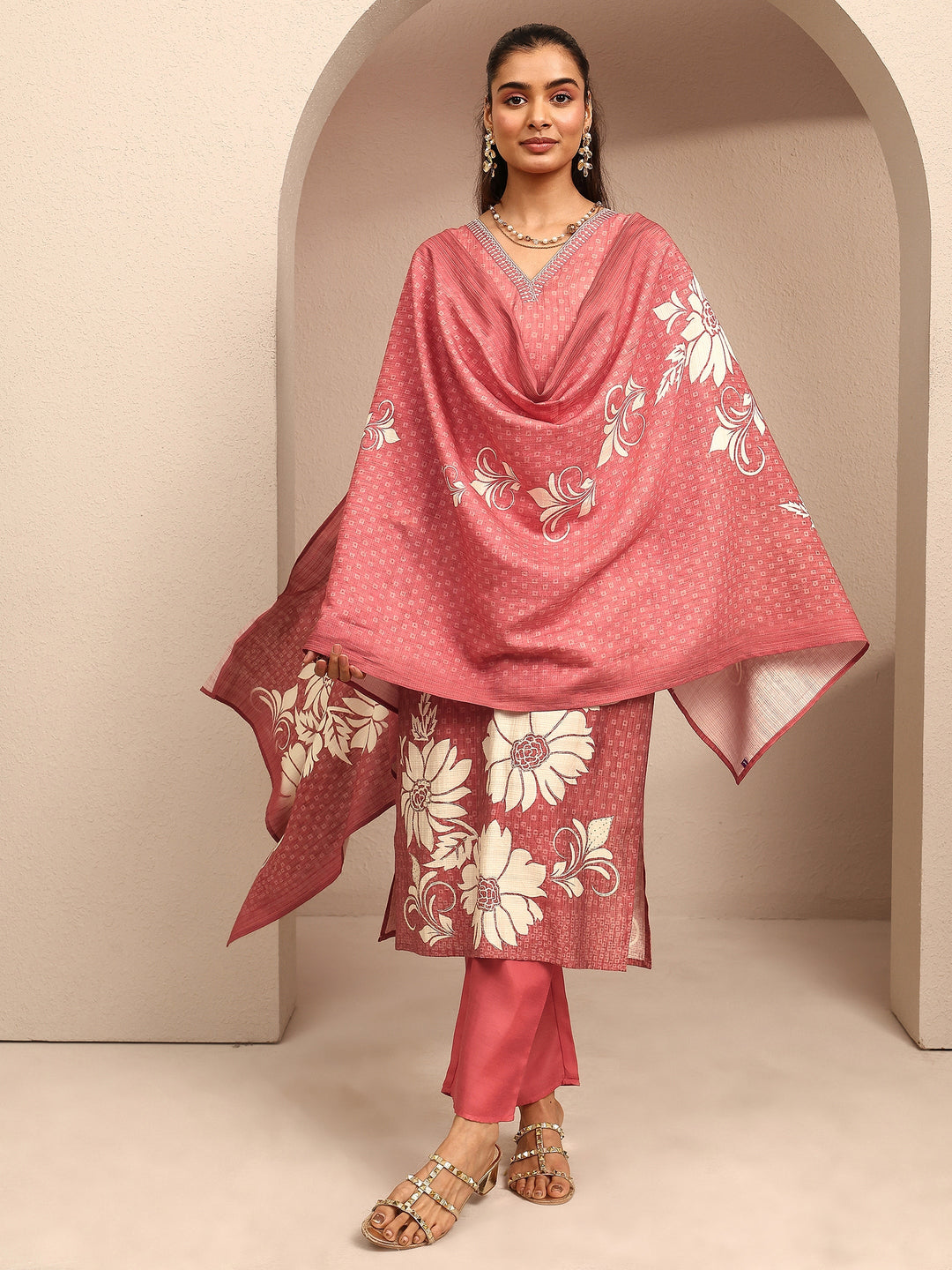 Coral Printed Silk Blend Straight Suit Set With Dupatta