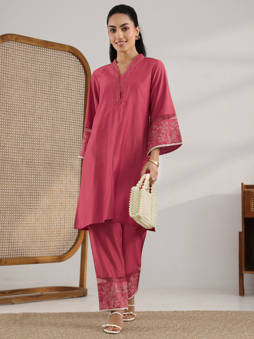 Coral Solid Silk Blend Co-Ord Sets